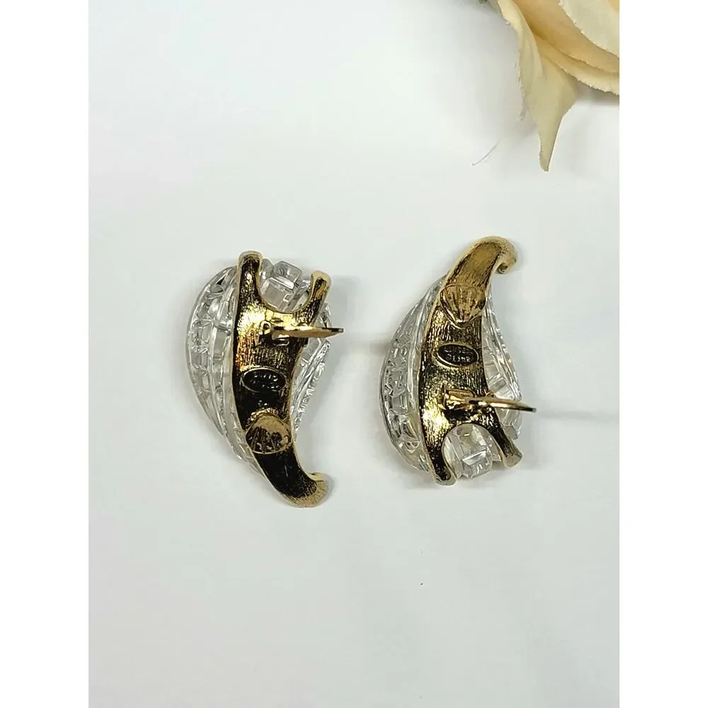 VTG Kenneth Jay Lane KJL Gold Clear Crystal Teardrop Clip On Earrings Statement - Picture 4 of 7